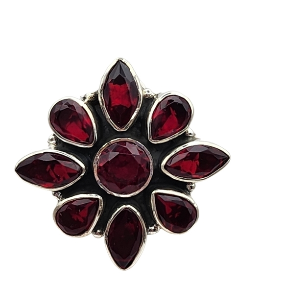Jewelry - Woman's Ring Flower Sterling and Red Glass 7.75
